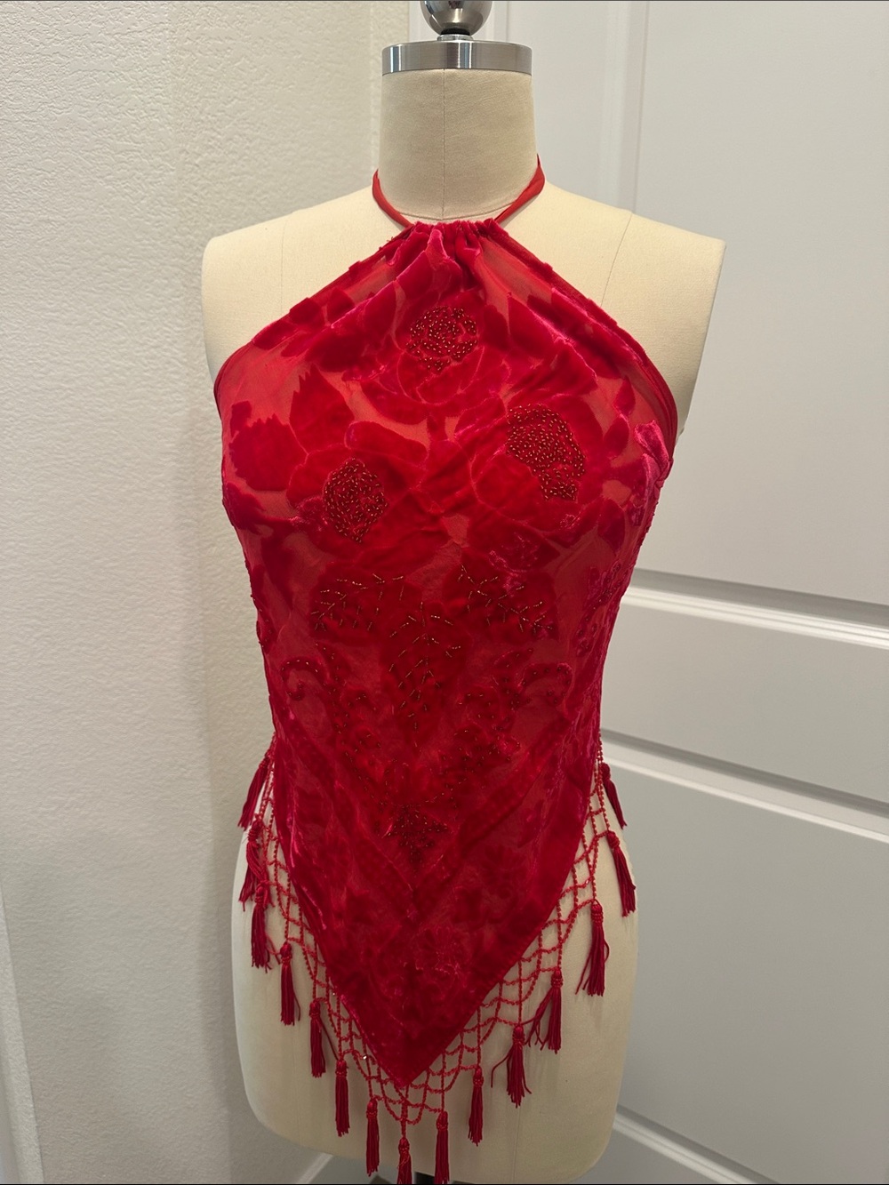 Red Halter Fringe Appliqué Women's top tassel burn out velvet euro silk